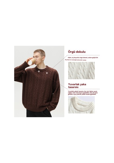 Erkekler İçin Dokulu Kablo Örgü Bisiklet Yaka Kazak Siyah