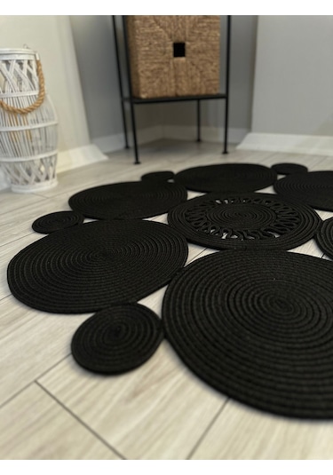 Bohem Jüt El Dokuma Halı Jüt İplik Halı Jüt Doğal Kilim Recycle Kilim Halı Jüt Örme Özel Tasarım Siyah