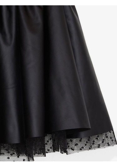 Kız Çocuk İçi Tüllü Bel Lastikli Deri Etek-15493 Siyah