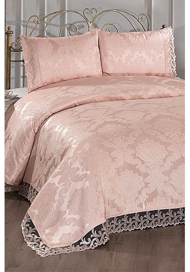 Fransız Dantelli Belinda Yatak Örtüsü Pudra Pudra