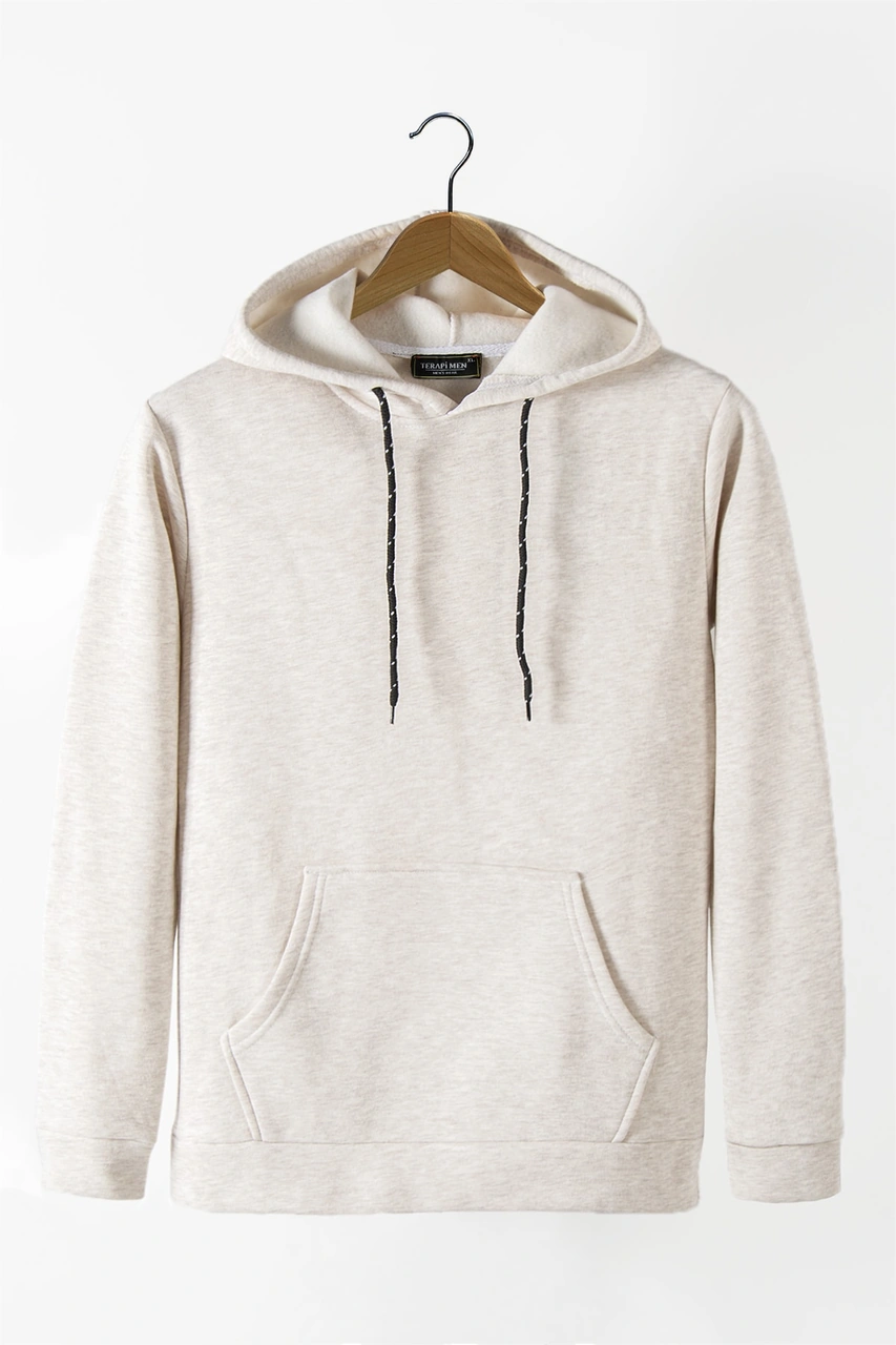 Terapi Men Erkek Krem Kapüşonlu Kanguru Cepli Basic Hoodie Sweatshirt Krem