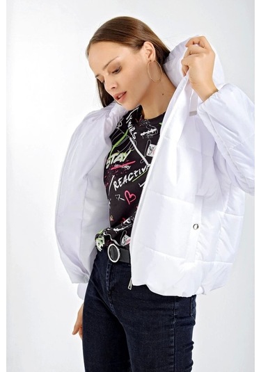 5117 Kapşonlu Şişme Mont - Beyaz Beyaz