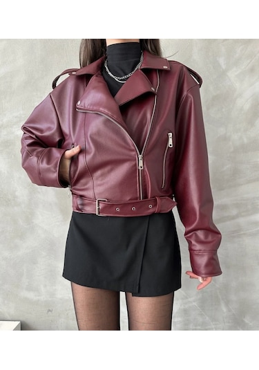 Prifaldi Suni Deri Crop Bıker Ceket Bordo