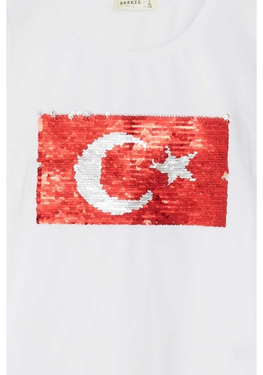 Breeze Kız Çocuk Uzun Kollu Tişört Pullu Ay Yıldız 4-14 Yaş, Beyaz