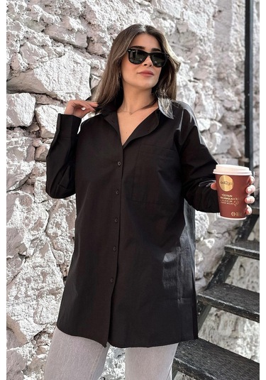 Kadın Siyah Terikoton Kumaş, Yırtmaçlı, Rahat Uzun Gömlek Siyah