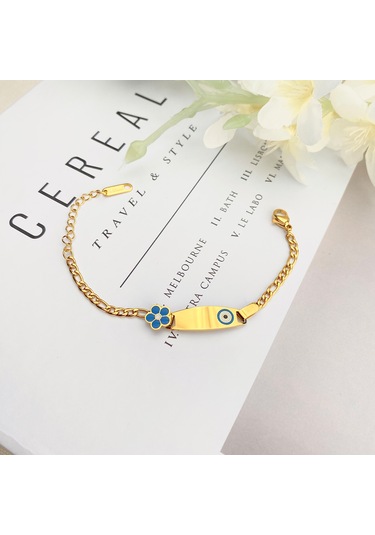 Bebek Bileklik Bebek Hediyelik Künye Mavi Çiçek 316l Paslanmaz Çe Gold