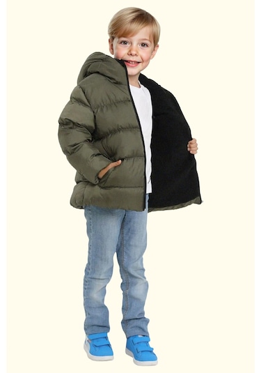 Erkek Çocuk Polarlı Kapüşonlu Su Geçirmez Rüzgara Dayanıklı Şişme Kışlık Mont Haki