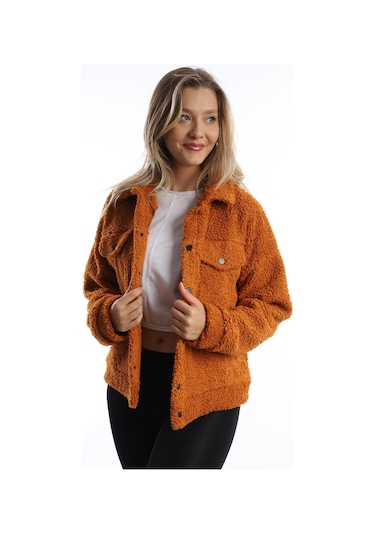Kadın Çıt Çıt Kapamalı Kıvırcık Peluş Ceket Tarçın