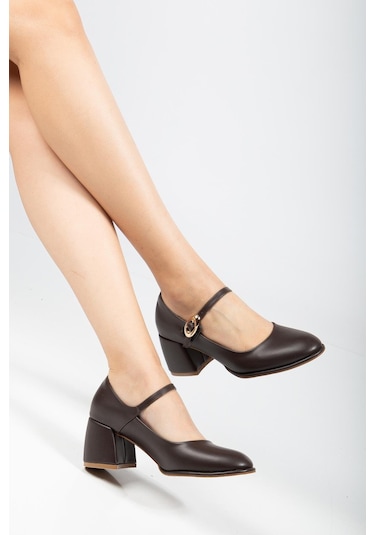 Kahverengi Kadın Kalın Topuklu Ayakkabı Baretli Vardola Kalın Tokalı-4341 Kahverengi