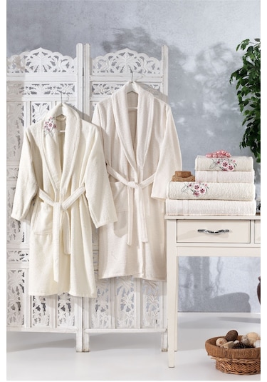 Family Nakışlı Krem & Krem Aile Bornoz Seti 6 Parça Çeyizlik Kadı