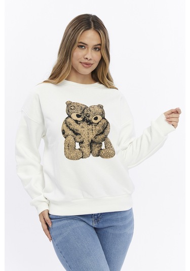 Kadife Ayıcıklar Desenli Şardonlu İçi Polarlı Ekru Regular Fit Bisiklet Yaka Kadın Sweatshirt Ekru