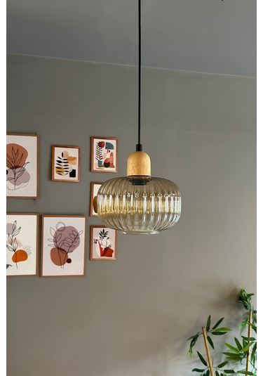 Mola Cam Bal Rengi Tekli Avize Kalın Ahşap Kafa Başlık Retro Sarkıt Lamba Restoran Salon Aydınlatma Bal