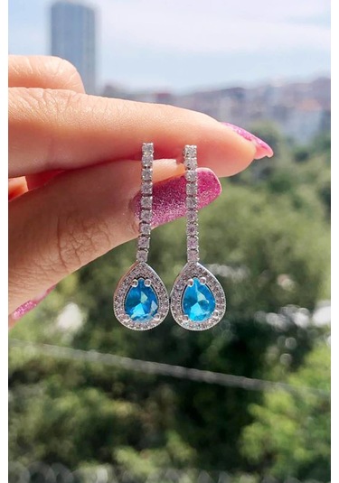 Niki Aksesuar Diamond Model Turkuaz Damla Taşlı Küpe Turkuaz