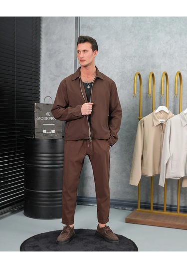 Modefendi Düz Kumaş Oversize Fermuarlı Alt Üst Jogger Takım Kahverengi
