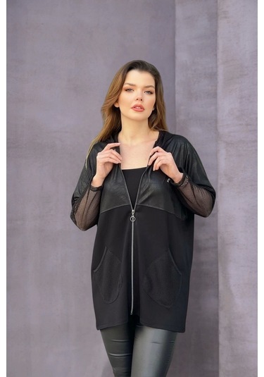 Kolları Ve Cepleri File Detaylı Ceket Siyah
