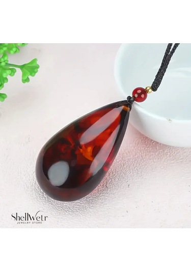 Ignis Gözyaşı Ateş Kehribarı Damla Şeklinde Unisex Kolye Kırmızı