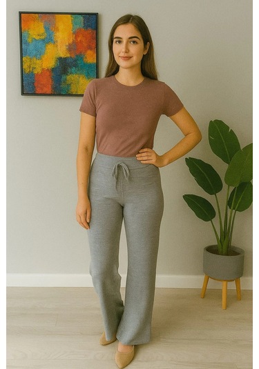 Kadın Yüksek Bel Triko Pantolon Gri