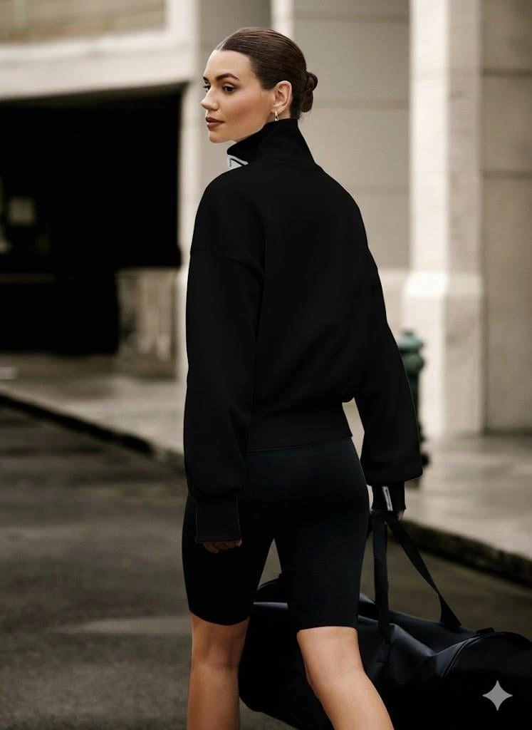 Siyah Kadın Yüksek Yaka Komple Fermuarlı Sweatshirt Spor Ve Günlük Şık Oversize Model Siyah