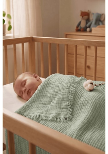 Müslin Püsküllü 4 Katlı Müslin Battaniye 90x120 Cm - Ze4katlı Yeşil