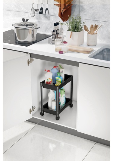 Maja 2 Adet 2 Katlı Siyah Tekerlekli Düzenleyici Mutfak Rafı Bany Siyah