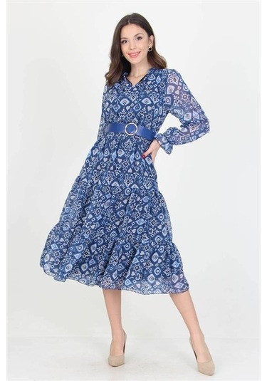 Neşeli Butik Kadın Kemerli Yakası Bağlama Detaylı Desenli Şifon Elbise Rssn02 Mavi