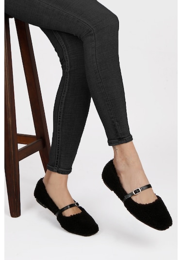 Kadın Şık Peluş Ev Ayakkabısı Babet Panduf Siyah