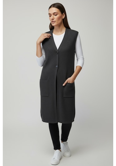 Kadın Önü 3 Düğmeli Üstten Cepli Uzun Yelek Koyu Gri