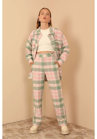 Saklımoda Ekose Kumaş Rahat Kalıp Kadın Pantolon-pembe Çok Renkli
