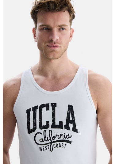 Ucla Pebble Beyaz Sıfır Kol Baskılı Oversize Erkek Tshirt Beyaz