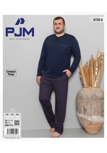 Pijamoni Erkek Battal Düğme Yaka Penye Uzun Kol Pijama Takımı 6720/8 - 1 Adet Lacivert