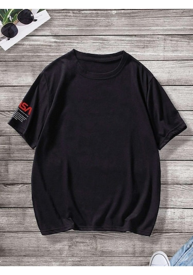 Erkek Siyah Oversize Nasa Baskılı T-shirt Siyah