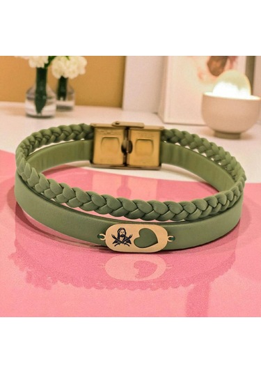 Archin Hz Ali Temalı Kalp Motifli 14 Ayar Altın Plakalı Zeytin Yeşili Derili Hediye Bileklik-556sembol Hz Ali