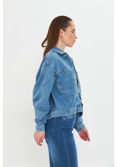 Mavi Yıkamalı Oversize Denim / Kot Ceket Orta Mavi