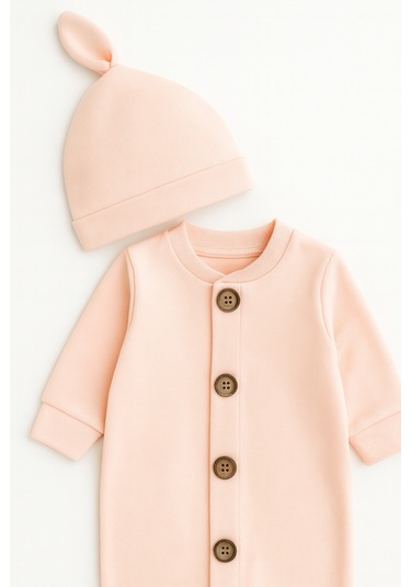 Mevsimlik %100 Pamuk Bereli Bebek Tulum Takım - Yeni Sezon Unisex Turuncu-somon