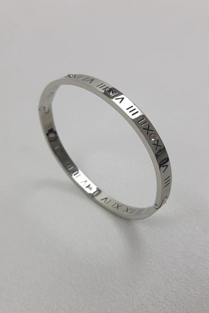 Roma Rakam İnce Taşlı Gümüş Çelik Bileklik Gümüş