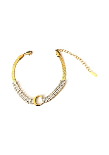 kadın italyan zincirli baget kesim altın renk çelik c harf bilek Altın