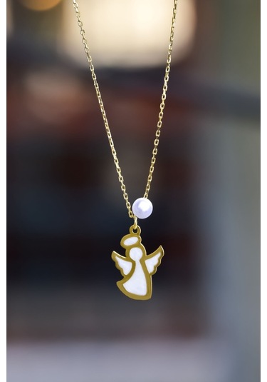 925 Ayar Gümüş Gold Kaplama Parlayan Rüya Serisi Tasarım Incili Beyaz Ebruli Cam Boyalı Melek Kolye