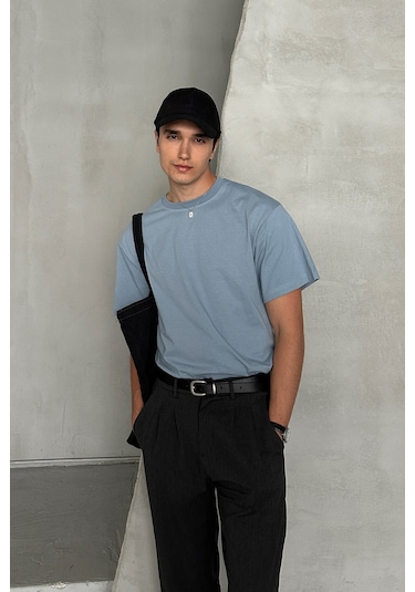 Hyman Erkek %100 Pamuk Oversize Basic T-shirt Açık Mavi