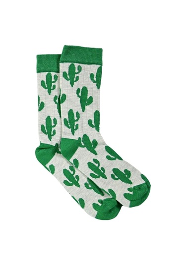 Kadın Yeşil-gri Kaktüs Desenli Soket Çorap Yeşil