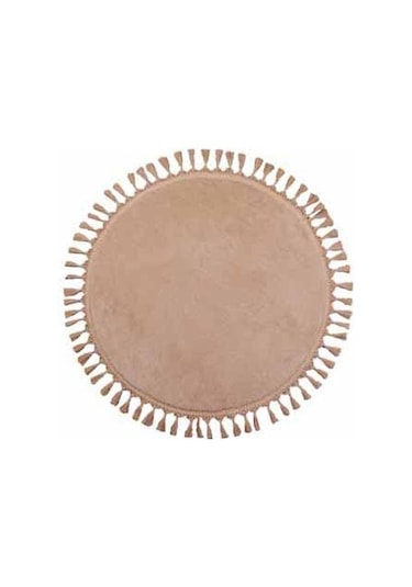 Modern Dekoratif Yuvarlak Puffy Peluş Ponpon Saçaklı Salon Oturma Odası Halısı Bej