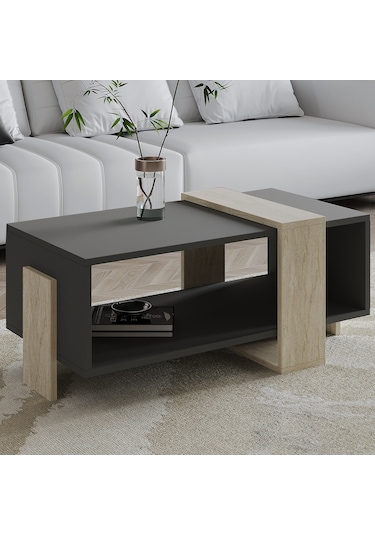 Meleni Orta Sehpa 90 Cm Modern Tasarım Raflı Traverten/antrasit