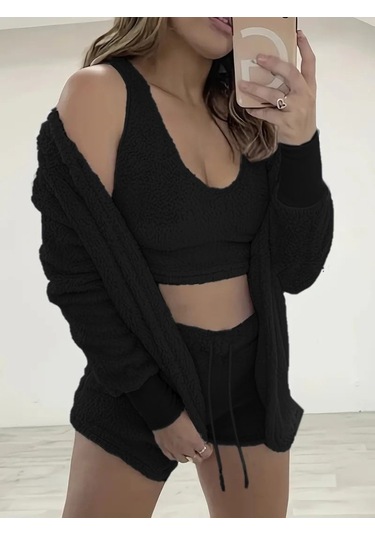 Modaserdem Kadın Uzun Kollu Ceket, Askılı Peluş Bluz Ve Şort Üçlü Takım Siyah