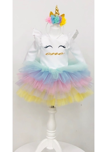 Unicorn Model Beyaz Kız Çocuk Bebek Abiye Elbise Kostüm