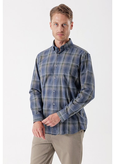 Koyu Lacivert Uzun Kollu Ekoseli Düğmeli Yaka Cepli Garnili Pamuklu Klasik Comfort Fit Gömlek 1004235143-koyu Lacivert Koyu Lacivert