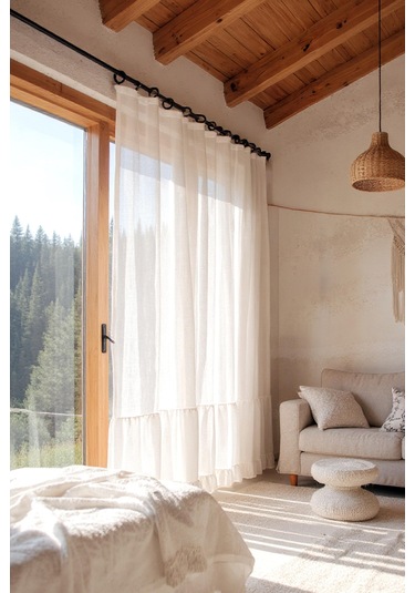 Fırfırlı Keten Tül Perde Tek Kanat Vintage Ekru