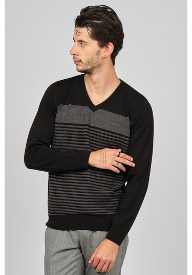 Desen Triko Erkek Desenli V Yaka Yün Kazak 0249640 Siyah Siyah