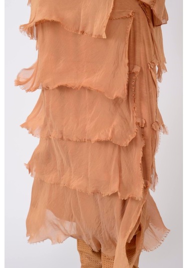 İtalyan 2 Beden İnce Gösteren Yarım Kol Kat Kat Ipek Elbise-8794 Cappuccino