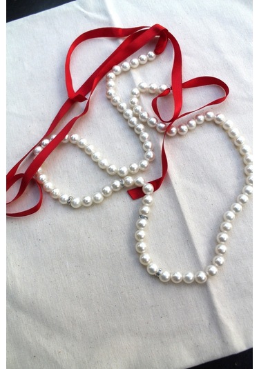 Kırmızı Kurdeleli Krem İncili Söz & Nişan Kurdelesi