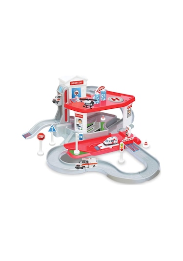 İki Katlı Hastane Garaj Seti - Otopark Seti - Araba Seti - Doktor Oyuncak - İki Katlı Garaj