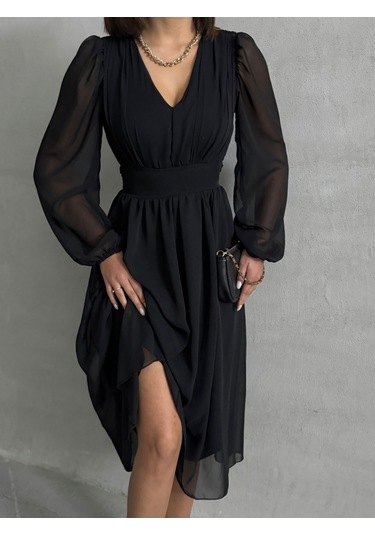 Kadın Arkadan Bağlamalı Şifon Elbise Siyah